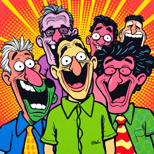 whimsical, colorful, exaggerated characters, dynamic expressions, humor, bright colors, playful composition, Roy Lichtenstein, pop art influence, lighthearted mood, vibrant patterns, cartoon style, exaggerated proportions, humorous scenarios, bold outlines, lively energy, satirical elements, narrative depth, light-hearted comedy