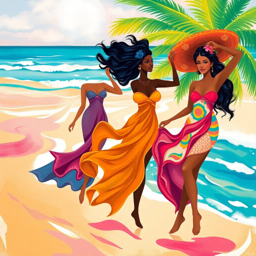 elegant figures, beach setting, vibrant colors, impressionistic style, inspired by Henri Matisse, flowing sands, tropical atmosphere, dynamic poses, radiant sunlight, azure waves, soft brush strokes, serenity, joy, cultural diversity, vibrant patterns, natural grace, warm hues, playful elegance, nuanced femininity, carefree spirit, summer ambiance, fluid lines, artistic freedom, idyllic scenery, radiant warmth, contemporary blend