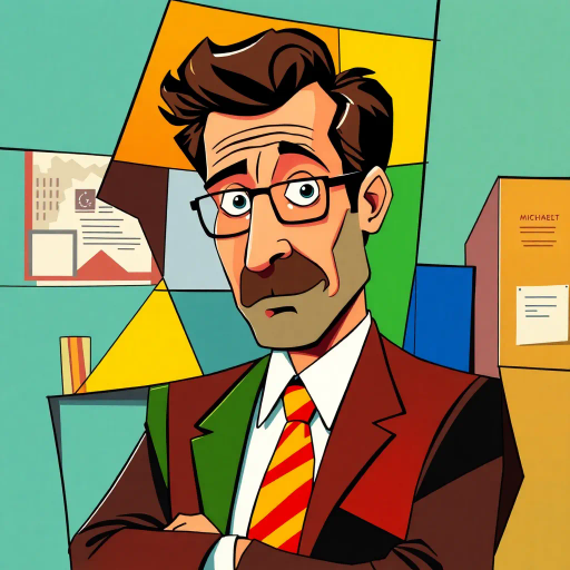 cubist representation, Michael Scott, The Office, office satire, abstract geometry, vibrant color palette, angular shapes, mid-20th century influences, humor in art, Picasso-inspired, fragmented forms, abstract expressionism, early modernism, visual comedy, bold lines, dynamic composition, workplace environment, surreal elements, postmodern satire, complex cubism