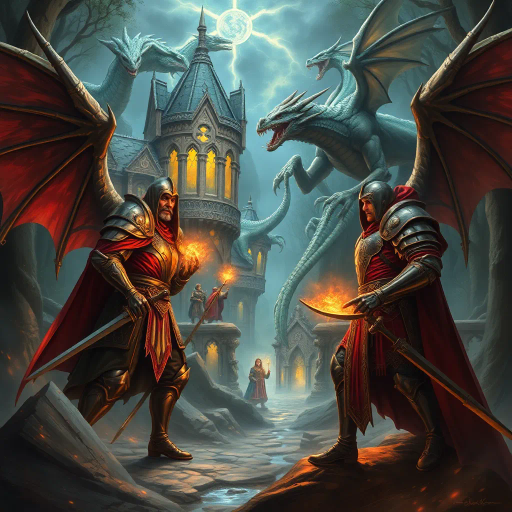 medieval, magic realms, epic quests, intricate armor, dynamic battles, mystical creatures, dragons, enchanted forests, Tolkien-inspired, dramatic lighting, Elvish architecture, bold colors, heroic scale, legendary heroes, magical auras, otherworldly landscapes, detailed textures, Arthurian legends, mythic lore, Renaissance, ethereal glow, rich symbolism, grand vistas, immersive storytelling, fantasy illustrations, imaginative worlds