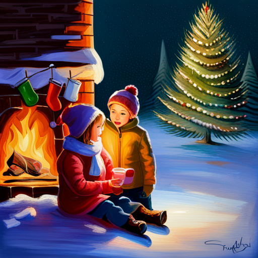 winter, children, Christmas, painting, oil, vintage