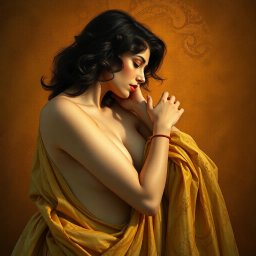 sensuality, ethereal beauty, Gustav Klimt, Art Nouveau elegance, warm golden tones, delicate textures, intimacy, flowing forms, gentle curves, chiaroscuro lighting, emotional depth, atmospheric perspective, soft focus, organic motifs, romanticism, opulent fabrics, whispers of motion, human form, subtle erotica, timeless allure, tactile richness, evocative expressions, layered symbolism, dreamlike ambiance, captivating allure, lush palettes, emotive brushstrokes