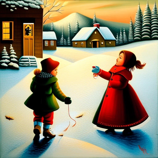 Vintage oil on canvas painting, Winter Children, Christmas Tree, nostalgic, soft lighting, traditional composition, warm colors, rich textures, impressionism, winter wonderland, snowy scene, classic art, sentimentality, festive atmosphere, holiday spirit, dreamlike, delicate brushstrokes, cozy setting, idyllic scene