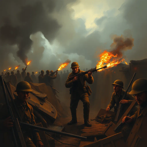 WW1, flamethrower soldier, historical drama, vibrant realism, chiaroscuro lighting, dynamic composition, sepia tones, gritty textures, oil painting influences, military warfare, intense emotion, soldier's resolve, heart of battle, smoke and fire, dramatic perspective, visceral movement, cultural turmoil, industrial warfare, early 20th century, intricate detail, war-torn landscape, heroism, harrowing atmosphere, somber mood, historical narrative, Rembrandtian shadows, impressionistic brushwork, atmospheric haze