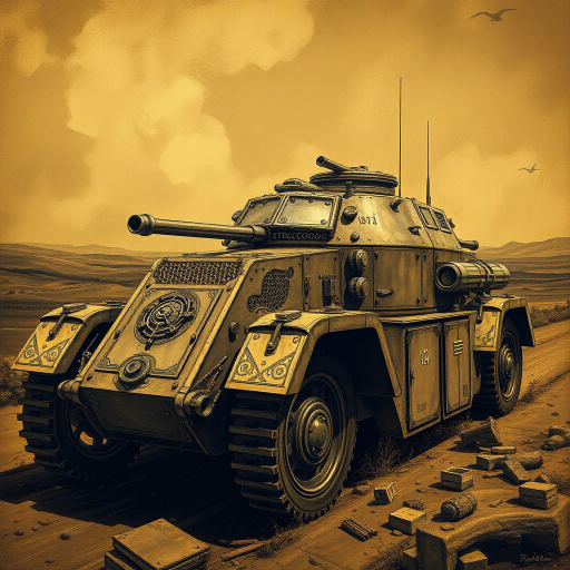 WW1 armoured car, war vehicle, historical accuracy, Jules Cheret, dramatic lighting, sepia tones, intricate metallic textures, early 20th century, battle-worn ambiance, panoramic perspective, nostalgic mood, detailed rivets, military influence, dynamic composition, steampunk elements, vintage design, antique symbolism, mechanical intricacies, rugged terrain, realistic patina, grandeur in scale