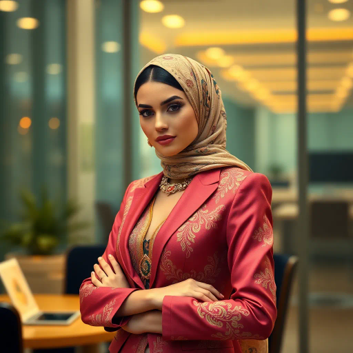 elegant Arab woman, contemporary fashion, hijab, professional attire, modern workplace, high heels, Middle Eastern influence, vibrant colors, soft ambient lighting, dynamic posing, cultural expression, delicate textiles, confident and empowering presence, sophisticated grace, diverse cultural representation, fusion of modern and traditional elements, cultural fusion, empowerment and poise, Impressionism influences, Gustav Klimt inspiration, Art Nouveau elegance, intricate patterns, intricate detailing, vibrant color palette, symbolic attire, office environment, balance and harmony, dynamic composition, surreal lighting, cultural narrative, refined textures, bold symbolism, artistic influences, multicultural dialogue, striking balance, expressive realism, innovative representation, unique fashion, delicate balance, harmonious color palette