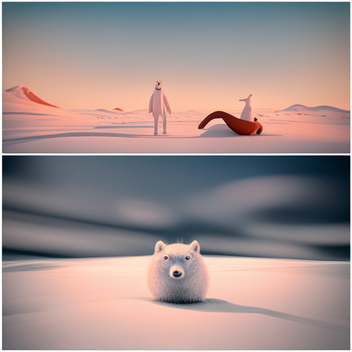 Surrealism, winter, playful, sliding, Arctic animals, animation, looping, comedy, ice skating