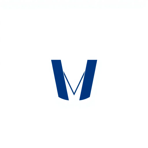 minimal M logo, perspective convergence, depth, hierarchy, solid indigo blue, geometric, modern tech design, flat vector, white background, Bauhaus influences, clean lines, symmetry, contemporary aesthetics, spatial innovation, futurism, precision, abstraction, innovative branding, structural elegance
