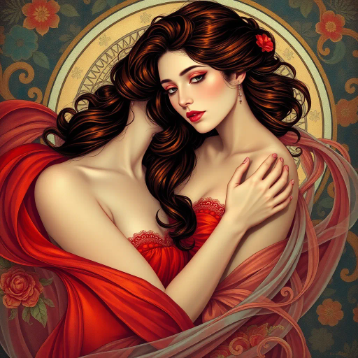 sensual elegance, intricate details, Art Nouveau, soft curves, Gustav Klimt, vibrant colors, ethereal, romantic mood, delicate textures, flowing lines, intimate atmosphere, modern surrealism, alluring forms, expressive lighting, opulent designs, dreamlike quality, elegant portraiture, fluid movement, seductive charm, captivating gaze, luxurious setting, chiaroscuro, gentle color palette, timeless allure