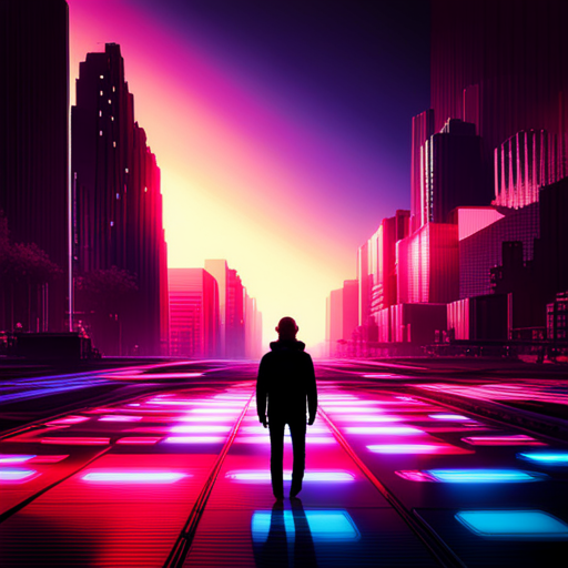 surrealism, glitch art, retro-futurism, electric intensity, neon lights, arcade machines, generative visuals, pixelated explosions, techno cyberpunk, virtual reality, 3D animation, vibrant colors, futuristic textures