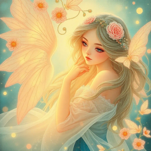 innocent young maiden, charming elegance, ethereal glow, inspired by Yoshitaka Amano, whimsical fantasy, serene ambiance, soft pastel hues, delicate brushwork, intricate lace textures, dreamlike scene, luminous lighting, gentle perspective, emotional warmth, magical atmosphere, fairy tale influences, graceful pose, art nouveau curves, enchanting forest backdrop, mythical creatures, serene expression