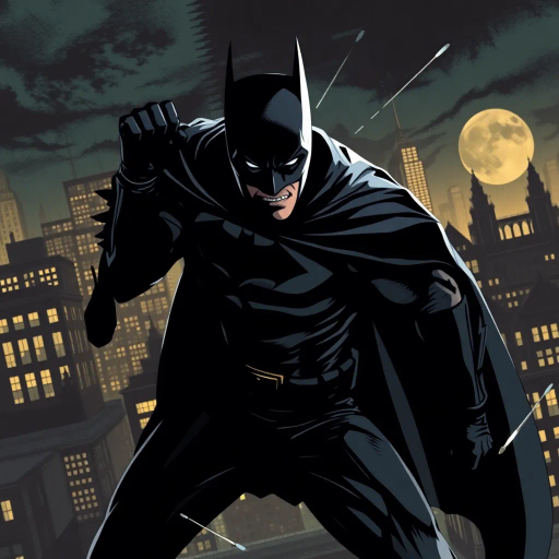 heroic, vigilante, cityscape, dynamic poses, action-packed scene, late 1930s noir, strong jawline, enigmatic, Dark Knight influence, chiaroscuro, graphic novel aesthetics, dramatic shadows, urban environment, caped figure, bold lines, contrasting colors, crime-fighting, tension, mystery, iconic silhouette, night setting, Gotham-like architecture, expressive, narrative-driven