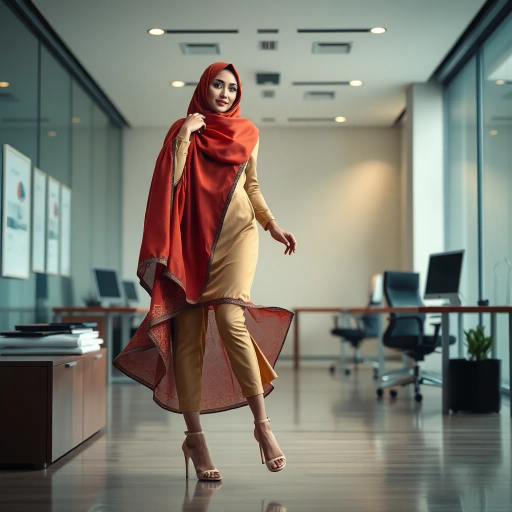 Arab woman, elegant hijab, professional setting, modern workplace, high heels, Middle Eastern culture, contemporary art, intricate patterns, vibrant colors, soft lighting, dynamic pose, cultural expression, delicate fabrics, office environment, confident demeanor, sophisticated fashion, grace and poise, diverse representation, cultural fusion, empowerment, modernism, Impressionism influences, human form, balance and harmony, Henri Matisse, modern elegance, intricate textile patterns, vibrant aesthetic, global influence, artistic expression, dignity and strength, atmospheric composition, elegant lines, harmonious palette, seamless integration, modern artistry