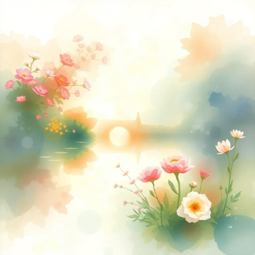 ethereal watercolors, Claude Monet, impressionism, soft pastels, fluid movement, dreamy haze, nature's serenity, garden landscapes, reflections in water, painterly brushstrokes, tranquil ambiance, translucent layers, diffused light, organic forms, vibrant blooms, delicate washes, plein air essence, contemplative mood, harmonious color palette, luminous glow, natural luminosity, artistic expression, timeless beauty, poetic atmosphere, seamless blend, surreal tranquility, rich textures, subtle contrasts, elegant balance, immersive experience, visual poetry