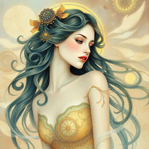 ethereal, goddess-like figure, enchanting beauty, inspired by Alphonse Mucha, Art Nouveau style, flowing lines, intricate details, soft pastel colors, delicate curves, serene expression, mythological aura, golden hues, dreamlike atmosphere, watercolor textures, celestial motifs, elegant poise, timeless elegance, gentle movement