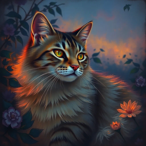 serene feline, John Singer Sargent, surrealism, twilight, chiaroscuro, vibrant colors, texture of fur, detailed whiskers, mystical aura, expressive eyes, magical ambiance, lush garden, ornate patterns, ethereal glow, dreamlike quality, impressionist touch, gentle movement, poetic essence, emotional depth, intricate composition, whimsical spirit