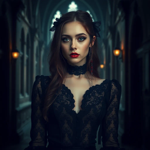 gothic fashion, college girl, mysterious atmosphere, dark academia, moody lighting, bold contrasts, intricate patterns, chiaroscuro, Tim Burton, edgy style, vintage clothing, romanticism, Victorian influence, punk aesthetics, shadow play, expressive eyes, detailed textures, melancholy, urban backdrop, 21st century, cultural infusion, rebellious spirit, soft focus, symbolic jewelry, haunting beauty, vibrant accents, artistic expression, ethereal details