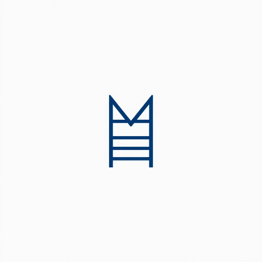 abstract, minimalist logo, geometric letter M, thin horizontal lines, hierarchy, ladder rungs, solid indigo blue, crisp vector design, white background, modern typography, Bauhaus influence, clean composition, precise geometry, vector graphics, contemporary aesthetic, graphic design, minimalism, line weight variation, symbolic representation, structured layout