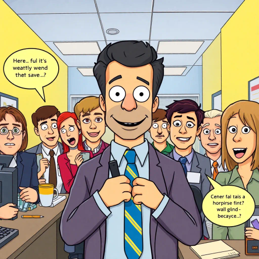 satirical humor, everyday life, workplace dynamics, vibrant colors, exaggerated expressions, quirky characters, Michael Scott, camera angles, documentary style, playful tone, American culture, ensemble cast, office environment, comedic timing, mockumentary feel, panel layout, speech bubbles, visual storytelling, relatable scenarios, improvisational flair, modern setting, emotional undertones, character development, symbolic objects