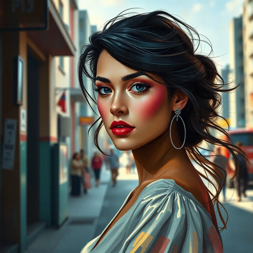 elegant modernity, vibrant Latino essence, captivating beauty, inspired by Frida Kahlo and Diego Rivera, contemporary fashion, dynamic pose, vivid color palette, warm tones, intricate patterns, confident expression, surreal lighting, cultural richness, urban backdrop, artistic flair, stylish sophistication, intricate details, youthful spirit, iconic representation, balance of tradition and modernity, digital brushstrokes, immersive atmosphere