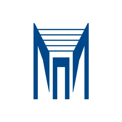 bold letter M, parallel strokes, tapering structure, upward hierarchy, indigo blue, geometric precision, vector design, minimalist aesthetic, structural elegance, balance and symmetry, clean composition, white background, modernist influences, Bauhaus geometry, minimal lines, disciplined form, artistic clarity, abstract expression, Kandinsky inspiration, harmonious contrast, flat color fields, innovative typographic elements, Swiss design principles, mid-century modern vibes