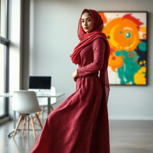 Arab woman, elegant hijab, professional setting, modern workplace, high heels, Middle Eastern culture, contemporary art, intricate patterns, vibrant colors, soft lighting, dynamic pose, cultural expression, delicate fabrics, office environment, confident demeanor, sophisticated fashion, grace and poise, diverse representation, cultural fusion, empowerment, modernism, Impressionism influences, human form, balance and harmony, Henri Matisse, modern elegance, intricate textile patterns, vibrant aesthetic, global influence, artistic expression, dignity and strength, atmospheric composition, elegant lines, harmonious palette, seamless integration, modern artistry