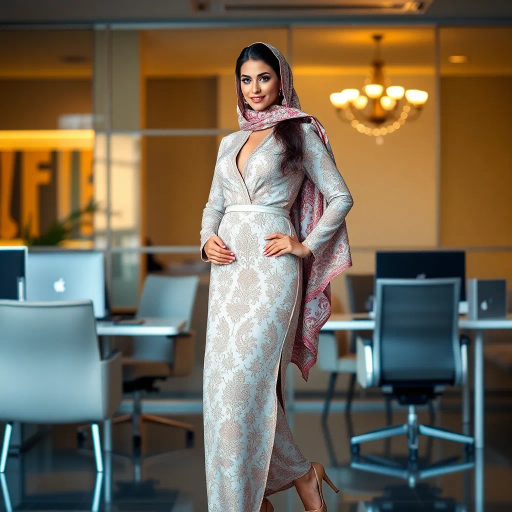 elegant Arab woman, professional attire, modern workplace, high heels, Middle Eastern influence, contemporary art style, intricate patterns, vibrant color palette, soft ambient lighting, cultural expression, dynamic posing, delicate textiles, confidence, empowerment, sophistication, grace, diverse cultural representation, cultural fusion, impressionism influences, human form depiction, balance and harmony, dynamic office environment, elegance, poise, detailed craftwork, modernism, cultural narrative, harmonious composition, vibrant textures