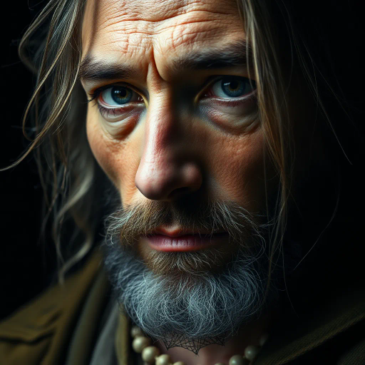 realism, hyper-detailed, classic portraiture, chiaroscuro lighting, rich textures, vibrant colors, emotional depth, Ansel Adams influence, impressionistic undertones, Renaissance era, dynamic composition, naturalism, fine art photography, intricate details, historical ambiance, evocative expression, subdued shadows, subtle highlights, organic forms, narrative storytelling, timeless elegance