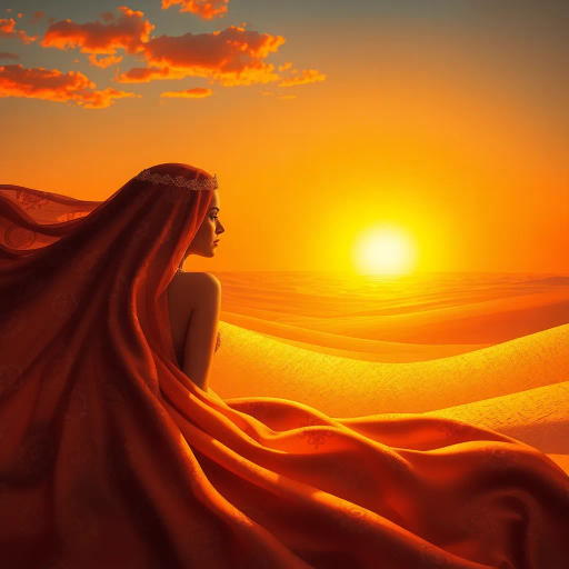 mysterious desert ambiance, sultry allure, arabian influence, exotic beauty, warm sunset glow, intricate patterns, delicate veils, rich golds and indigos, Henri Matisse inspiration, sensual curvature, dynamic movement, inspired by fiction and fantasy, opulent textures, fluid silks, contrast of light and shadow, intimate and bold, art nouveau elegance, sensual exploration, distant dunes, whispers of wind, cultural mystique, intricate henna designs, ethereal essence, graceful poise, visual poetry, emotive depth