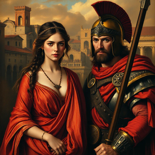 ancient Rome, Sack of Rome 410 CE, Visigothic warrior, Roman lady, dramatic tension, historical narrative, epic composition, chiaroscuro lighting, rich textures, vivid colors, romanticism, classicism, dramatic movement, cultural clash, historical saga, detailed armor, flowing Roman robes, emotional intensity, symbolic imagery, layered composition, heroic scale, classical architecture backdrop, dynamic interactions, historical realism, artistic storytelling, power and grace, clash of civilizations, evocative mood, intricate detailing, timeless conflict, artistic depth, dramatic contrast