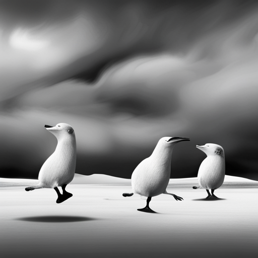 surrealism, winter, playful, grayscale, Arctic animals, animation, looping, ice skating, sliding, comedy