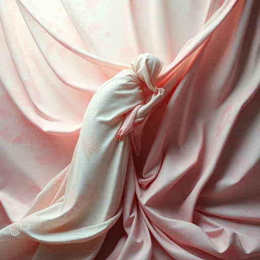 surrealism, intricate patterns, delicate textiles, soft pastels, flowing fabric, intimate setting, gentle lighting, whimsical composition, ethereal atmosphere, abstract expressionism, soft focus, dreamlike mood, Japanese culture, artistic drapery, impressionistic technique, emotional depth, metaphorical symbolism, gentle curves, fabric folds, tranquility
