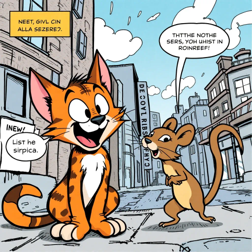 whimsical tale, feline protagonist, rodent companion, Art Spiegelman, Charles Schulz, Bill Watterson, dynamic storytelling, vibrant colors, exaggerated expressions, narrative storytelling, graphic novel style, expressive characters, playful conflict, action sequences, anthropomorphic elements, humor, cartoonish aesthetics, dynamic composition, vibrant colors, bold outlines, narrative storytelling, graphic novel style, intricate details, engaging narrative, urban landscape, visual humor, animated scene, comic strips, whimsical narrative, pop art influences, comic strip style, sequential art, contrasting scales, urban setting, imaginative scenarios, childhood nostalgia, character development, textured shading, adventure, mischief, interaction, movement, light-hearted, humor, daring escapades, cultural folklore, friendship, rivalry, detailed line work, engaging storyline