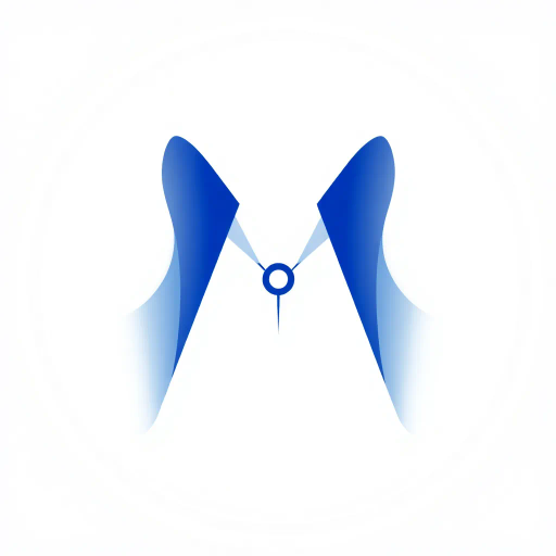 abstract letter M logo, parent node, child nodes, thin branching lines, tree hierarchy, indigo gradient, minimal vector design, white background, geometric abstraction, modernist influence, Bauhaus, clean lines, connection symbolism, hierarchical structure, conceptual design, negative space, visual balance, contemporary aesthetics