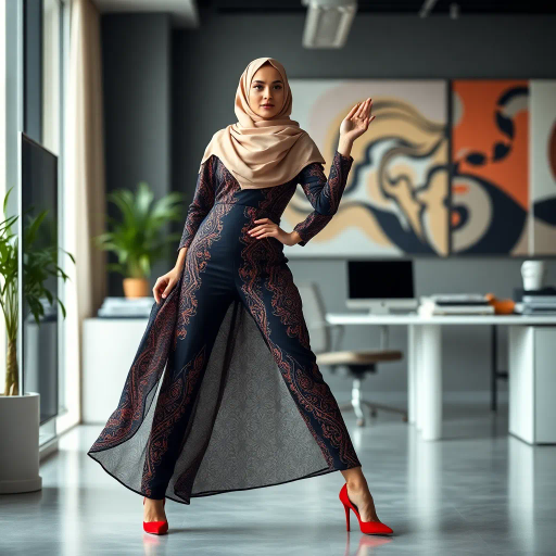 Arab woman, elegant hijab, professional setting, modern workplace, high heels, Middle Eastern culture, contemporary art, intricate patterns, vibrant colors, soft lighting, dynamic pose, cultural expression, delicate fabrics, office environment, confident demeanor, sophisticated fashion, grace and poise, diverse representation, cultural fusion, empowerment, modernism, Impressionism influences, human form, balance and harmony, Henri Matisse, modern elegance, intricate textile patterns, vibrant aesthetic, global influence, artistic expression, dignity and strength, atmospheric composition, elegant lines, harmonious palette, seamless integration, modern artistry