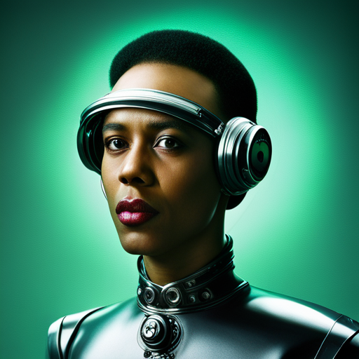 1970's, sci-fi, robot, portrait, studio lighting, emerald background, retro-futuristic, metallic, chrome, vintage, cybernetic, futuristic technology, artificial intelligence, neon accents, geometric shapes, electronic circuitry, analog dials, glowing eyes