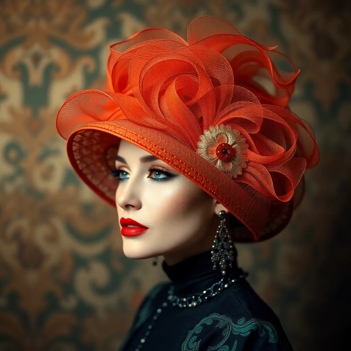 elegant hat design, art deco influences, vibrant colors, intricate patterns, impressionistic flair, curved lines, soft textures, shadowed techniques, vivid lighting, salon ambiance, eclectic motifs, silk and velvet materials, subtle symbolism, Jean Harlow inspiration, wearable art, cinematic elegance, mid-century style, gentle movement, delicate detailing, sophisticated presentation, cultural fusion, dramatic flair, harmonious balance, classical elements, whimsical touch, ornate craftsmanship
