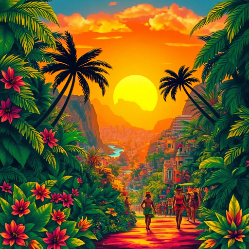 tropical paradise, vibrant rainforest, Rio Carnival, Brazilian culture, Jorge Selarón, Carmen Miranda, exuberant colors, lush vegetation, dynamic samba dancers, vivid patterns, Amazon River, exotic wildlife, modern architecture, indigenous art, celebratory mood, Afro-Brazilian heritage, vibrant street scenes, bold compositions, fluid movement, warmth and energy, sunlit landscapes, urban diversity, festive atmosphere, contemporary influences, chromatic brilliance