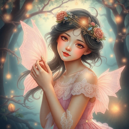 innocent young maiden, charming elegance, ethereal glow, inspired by Yoshitaka Amano, whimsical fantasy, serene ambiance, soft pastel hues, delicate brushwork, intricate lace textures, dreamlike scene, luminous lighting, gentle perspective, emotional warmth, magical atmosphere, fairy tale influences, graceful pose, art nouveau curves, enchanting forest backdrop, mythical creatures, serene expression