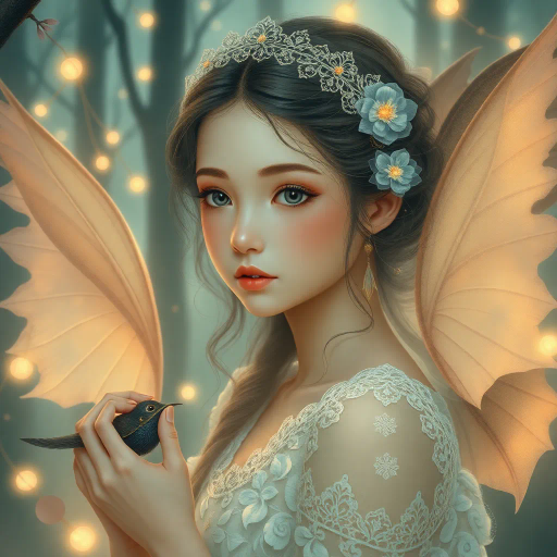 innocent young maiden, charming elegance, ethereal glow, inspired by Yoshitaka Amano, whimsical fantasy, serene ambiance, soft pastel hues, delicate brushwork, intricate lace textures, dreamlike scene, luminous lighting, gentle perspective, emotional warmth, magical atmosphere, fairy tale influences, graceful pose, art nouveau curves, enchanting forest backdrop, mythical creatures, serene expression