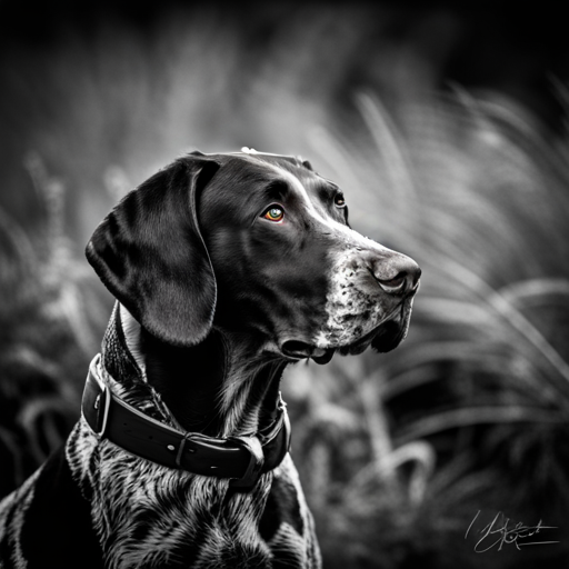 German shorthair pointer, hunting dogs, animal portrait, monochrome, high contrast, intense gaze, rugged texture, natural lighting, powerful stance, majestic posture, pedigree breeds, outdoor photography, dog training, nature, animal behavior, point, prey drive, breeds, wild game, bird hunting, scent, tracking, camouflaged, agility, trained, field trial, energetic, athletic, muscular, intelligence, sporting dogs, gundogs, pointers, hunting equipment, hunting techniques, hunting gear, hunting scenery, stamina, speed, posing, natural reserve, golden hour light, composition, rule of thirds, movement, defocused background, green tones, yellow tones, deep brown coat, fur texture, high level of detail