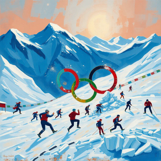 winter olympics, Adolphe Mouron Cassandre, dynamic composition, vibrant movements, cold hues, frosty blues, sparkling whites, contrasting shadows, atmospheric depth, panoramic vistas, kinetic energy, athletic prowess, cultural celebration, Olympic spirit, Art Deco influences, geometric patterns, sweeping curves, expressive lines, emotional intensity, grand scale, global unity, dramatic lighting, icy textures, timeless grandeur, elegant symmetry, inspiring competition, frozen terrains, monumental arenas, inspired by tradition, contemporary innovation, international camaraderie