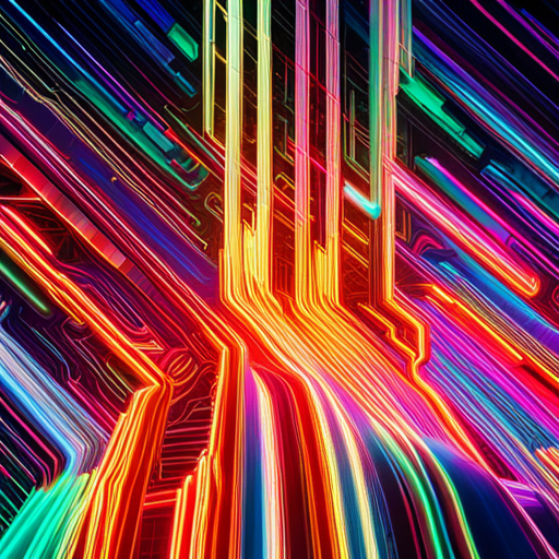 neon colors, complex patterns, glitch art, cyberpunk, generative art, artificial intelligence, machine learning, wires and circuits