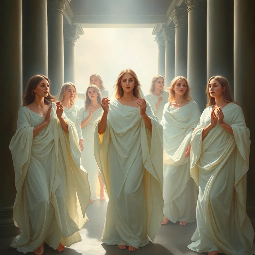 ethereal vestal virgins, Roman mythology, neoclassical inspiration, dramatic chiaroscuro lighting, flowing white garments, serene expressions, sacred rituals, architectural columns, soft pastel tones, timeless elegance, historical accuracy, divine ambiance, artistic grace, soft brush strokes, spiritual symbolism, tranquil harmony, cultural reverence, mystical aura, gentle movement, artistic intent, atmospheric perspective, intricate details, classical beauty, reverent mood, storytelling composition
