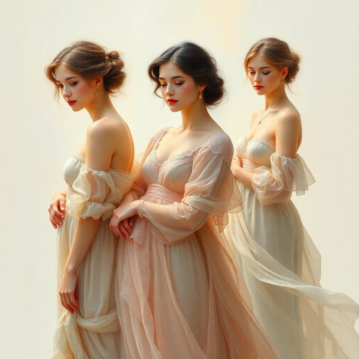 elegant femmes, graceful posture, intricate fashion, ethereal beauty, soft lighting, romantic era, impressionistic brushstrokes, pastel hues, delicate textures, feminine elegance, serene expressions, renaissance influences, flowing fabrics, atmospheric composition, refined aesthetics, timeless allure, enchanting aura, subtle movement, classical themes, Claude Monet, Edgar Degas, Raphael, chiaroscuro, delicate pastels, harmonious balance, historical richness, fine detail, luminous glow, cultural grace, narrative depth, portraiture, emotive grace, evocative ambiance