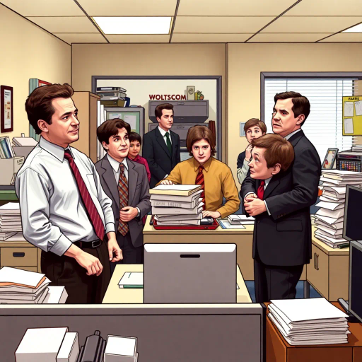 satirical, workplace comedy, 2000s television, vibrant characters, humorous interactions, Michael Scott, Jim Halpert, Dwight Schrute, sardonic wit, office dynamics, banter, mundane setting, Scranton, paper company, unconventional storytelling, ensemble cast, mockumentary style, Steve Carell, quirky relationships, deadpan humor, varied personalities, narrative arcs, expressive body language, exaggerated emotions, bright lighting, cheerful ambiance, subtle social commentary, scenographic composition