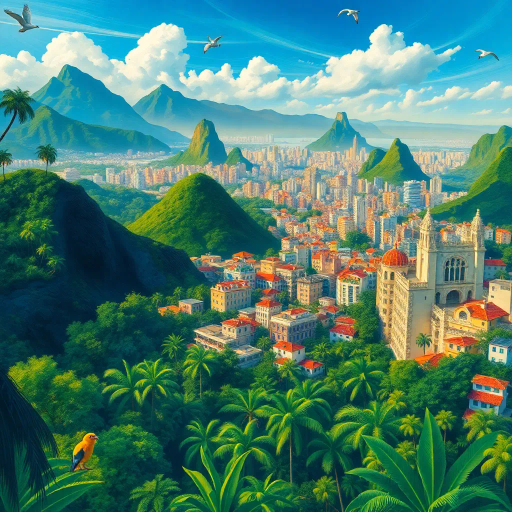 vibrant rainforest, sprawling cityscapes, Rio Carnival celebration, modernist architecture, Tarsila do Amaral, tropical paradise, lush landscapes, Samba rhythm, vivid color palettes, dynamic movement, cultural fusion, vibrant street art, warm sunlight, Copacabana beach, panoramic views, rich biodiversity, Botero-inspired figures, expressive brushstrokes, Amazon River, intricate textures, joyous atmosphere, cultural heritage, Henri Rousseau influence, energetic composition