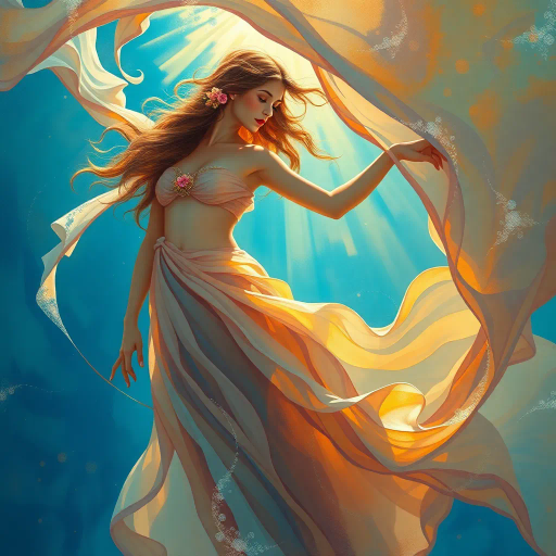 graceful, ethereal, sunlit, renaissance, Botticelli-inspired, vibrant colors, flowing fabric, soft contours, abstract realism, oceanic background, azure hues, delicate brushstrokes, dynamic composition, sun-kissed, serene expression, liberating movement, artistic nudity, impressionistic textures, harmonious balance, timeless beauty, emotive palette, chiaroscuro lighting, cultural diversity, immersive perspective, transcendent elegance, radiant illumination, ethereal glow, harmonious rhythm, soft transitions, sublime light, cultural tapestry, visual poetry, serene harmony, dreamlike atmosphere, radiant illumination, dynamic composition, emotive palette