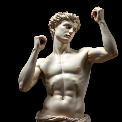 intricate design, hyper-realistic, detailed textures, renaissance influence, dynamic posture, chiaroscuro lighting, vibrant color palette, contemporary interpretation, Michelangelo-inspired, digital sculpture, high poly count, virtual reality, spatial depth, surreal composition, emotive forms, classical elements, futuristic materials, bold contrasts, three-dimensional space, innovative techniques, sculptural essence, ambient occlusion, expert craftsmanship, aesthetic balance, harmonious proportions