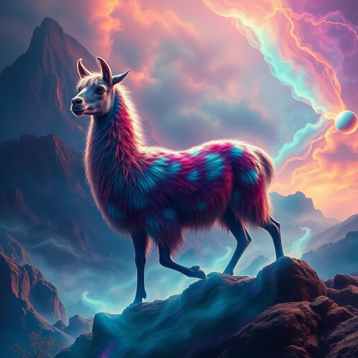 mystical llama, ethereal landscape, vibrant colors, surreal lighting, intricate patterns, dreamlike atmosphere, fantasy setting, imaginative realm, grandiose scale, flowing textures, dynamic movement, mythical creature, South American folklore, enchanted aura, luminescent glow, magical realism, whimsical scenery, fantastical composition, enchanting silhouette, mysterious depths, visual storytelling, Andres Amador influences, vibrant hues, vivid imagination